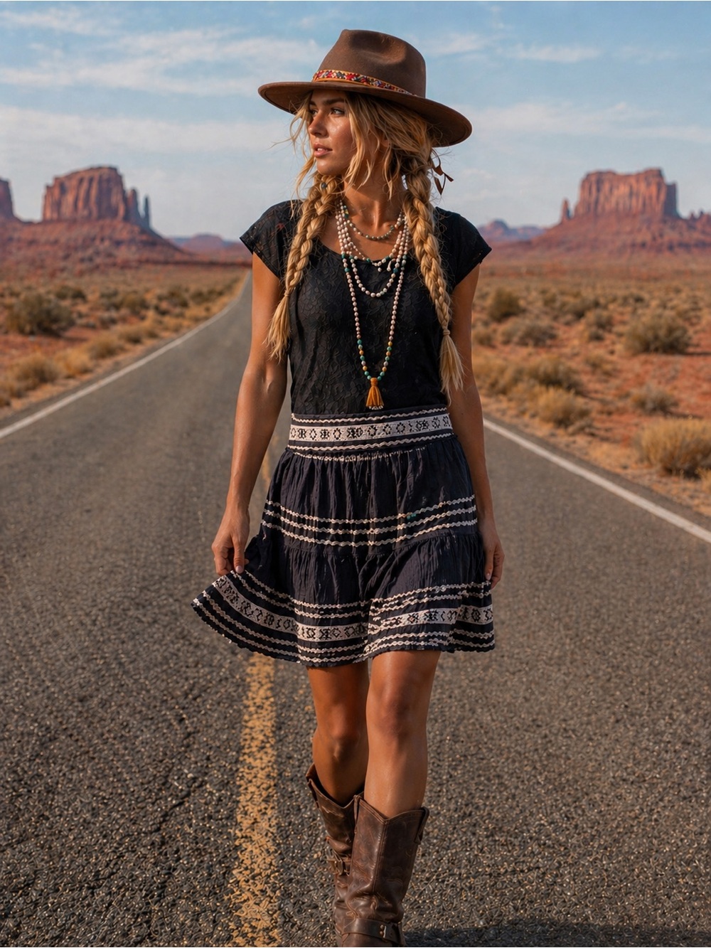 Vintage Boho Black Circle Skirt with Silver BricBrack Ribbon